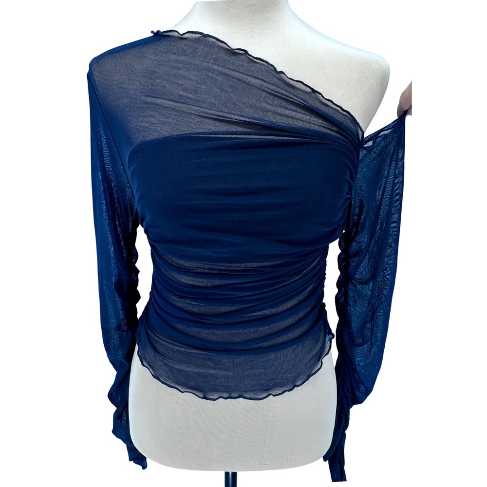 Sheer Mesh Asymmetric Navy Lettuce Hem Long Ruched Sleeve Top Small Fairy Goth